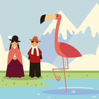 pareja boliviana y flamingo vector
