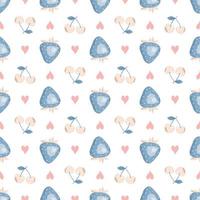 Cute seamless pattern with blue strawberries, cherry and hearts. Delicate print for wrapping paper, textiles and design vector