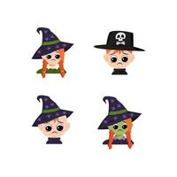 Set of girl, boy and baby with white and green skin, red hair, big eyes and sad emotions, depressed face, down eyes in pointed witch hat. Head of child with melancholy expression in carnival costume vector