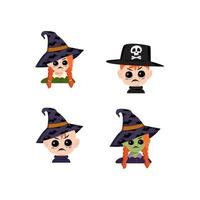 Set of girl, boy and baby with white and green skin, red hair, angry emotions, grumpy face, furious eyes in pointed witch hat. Head of child with furious expression in carnival costume for Halloween vector