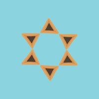 Iconos de diseño plano de vacaciones de Purim de hamantashs en forma de estrella de David con fondo azul vector