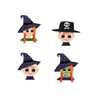 Set of girl, boy and baby with white and green skin, red hair, big eyes and suspicious emotions in pointed witch hat. Head of child with annoyed face. Halloween party decoration vector