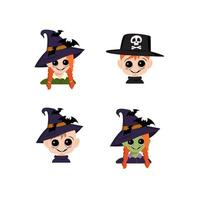 Set of girl, boy and baby with white and green skin, red hair, big eyes and wide happy smile in pointed witch hat with bats. Head of child with joyful face. Halloween party decoration vector