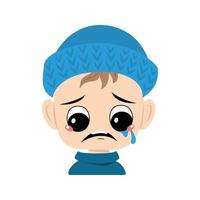 Boy with crying and tears emotion, sad face, depressive eyes in blue knitted hat. Cute kid with melancholy expression in autumnal or winter headdress. Head of adorable toddler vector