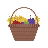 Wicker basket with fruits and dairy products icon in flat design vector