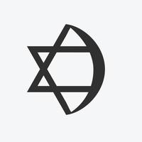 Combination of Star of David with Crescent religious symbols in black flat design icon vector