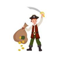 Happy pirate boy with saber, cocked hat and bag of gold coins. Joyful child in carnival costume. Festive clothing for Halloween, New Year, holiday and for children design. Vector flat illustration