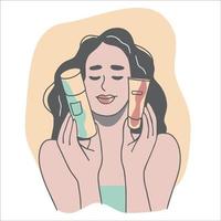 mujer sosteniendo botellas de cosméticos. rutina de belleza, concepto de cuidado de la piel. dibujado a mano ilustración vectorial vector