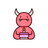 Cute red devil holding birthday cake illustration. Vector graphics for t-shirt prints and other uses.