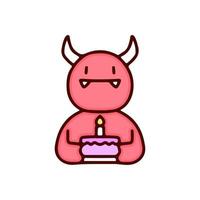 lindo diablo rojo con ilustración de pastel de cumpleaños. gráficos vectoriales para estampados de camisetas y otros usos. vector