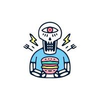 Skull with one eye holding burger illustration. Vector graphics for t-shirt prints and other uses.