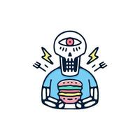 Skull with one eye holding burger illustration. Vector graphics for t-shirt prints and other uses.