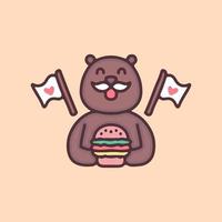 happy bear with mustache holding burger cartoon, illustration for stickers and t shirt. vector