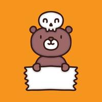 Cute bear with skull hat holding empty banner illustration. Vector graphics for t-shirt prints and other uses.