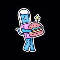 cute cat with astronaut helmet holding burger cartoon, illustration for stickers and t shirt. vector