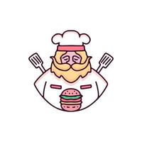 Chef barbudo con espátula y hamburguesa ilustración. gráficos vectoriales para estampados de camisetas y otros usos. vector