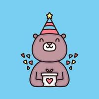 oso lindo celebra dibujos animados de fiesta de cumpleaños, ilustración para pegatinas y camiseta. vector