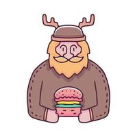 Bearded man with deer costume holding burger illustration. Vector graphics for t-shirt prints and other uses.