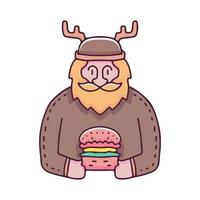 Bearded man with deer costume holding burger illustration. Vector graphics for t-shirt prints and other uses.