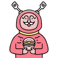 Mustache man with costume spatula horn holding burger illustration. Vector graphics for t-shirt prints and other uses.