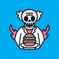 profesor de calavera fresca con dibujos animados de hamburguesas, ilustración para pegatinas y camiseta. vector