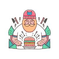 leñador barbudo con ilustración de hamburguesa. gráficos vectoriales para estampados de camisetas y otros usos. vector