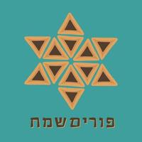 Purim holiday flat design icons of hamantashs in star of david shape with text in hebrew vector