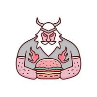 fresco vikingo barbudo con hamburguesa de fuego, ilustración para pegatinas y camiseta. vector