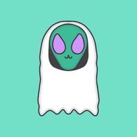 lindo y pequeño alienígena con dibujos animados de disfraces de fantasmas, ilustración para pegatinas y camiseta. vector