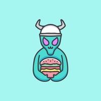 lindo extraterrestre vikingo con dibujos animados de hamburguesas, ilustración para pegatinas y camiseta. vector