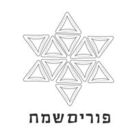 Purim holiday flat design black thin line icons of hamantashs in star of david shape with text in hebrew vector