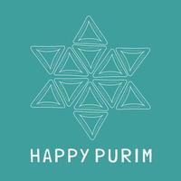 Purim holiday flat design iconos de línea fina blanca de hamantashs en forma de estrella de david con texto en inglés vector