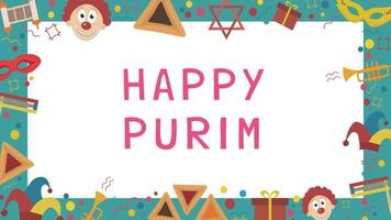 Frame with purim holiday flat design icons with text in english vector