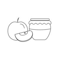 Icono de tarro de miel y manzanas rojas y enteras en diseño de contorno plano negro vector