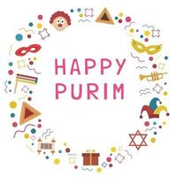 Frame with purim holiday flat design icons with text in english vector