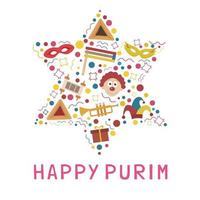 Purim holiday flat design icons set in star of david shape with text in english vector