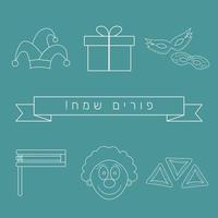 Purim holiday flat design white thin line icons set with text in hebrew vector