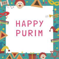 Frame with purim holiday flat design icons with text in english vector