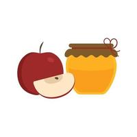 Whole and slice red apples and honey jar icon in flat design vector