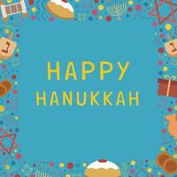 marco con iconos de diseño plano de vacaciones de Hanukkah con texto en inglés vector