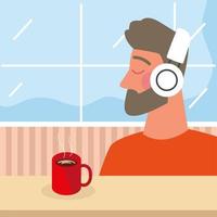 hombre usando auriculares con cafe vector