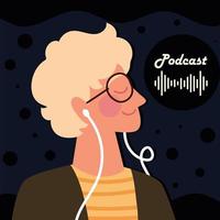 podcast and man using earphones vector