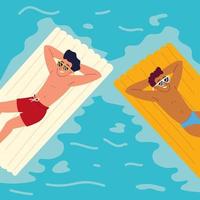 relaxing men on float beds vector