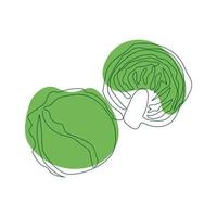 white cabbage whole and cut in half drawn in one solid line by hand on a background of green abstract spots on a white background vector