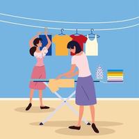 women hanging clean clothes vector
