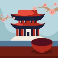 asian pagoda and flowers vector