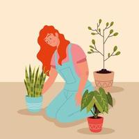 woman plant in pots vector