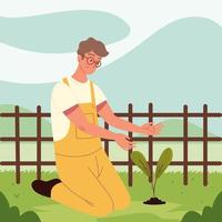 man in planting field vector