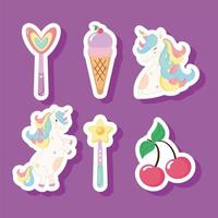 seis lindos iconos de unicornios vector