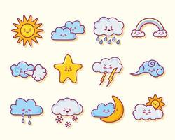 twelve kawaii clouds characters vector